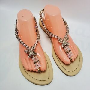 T Strap Beaded Crystal Butterfly Rhinostones Embellished Thong Flat Sandals